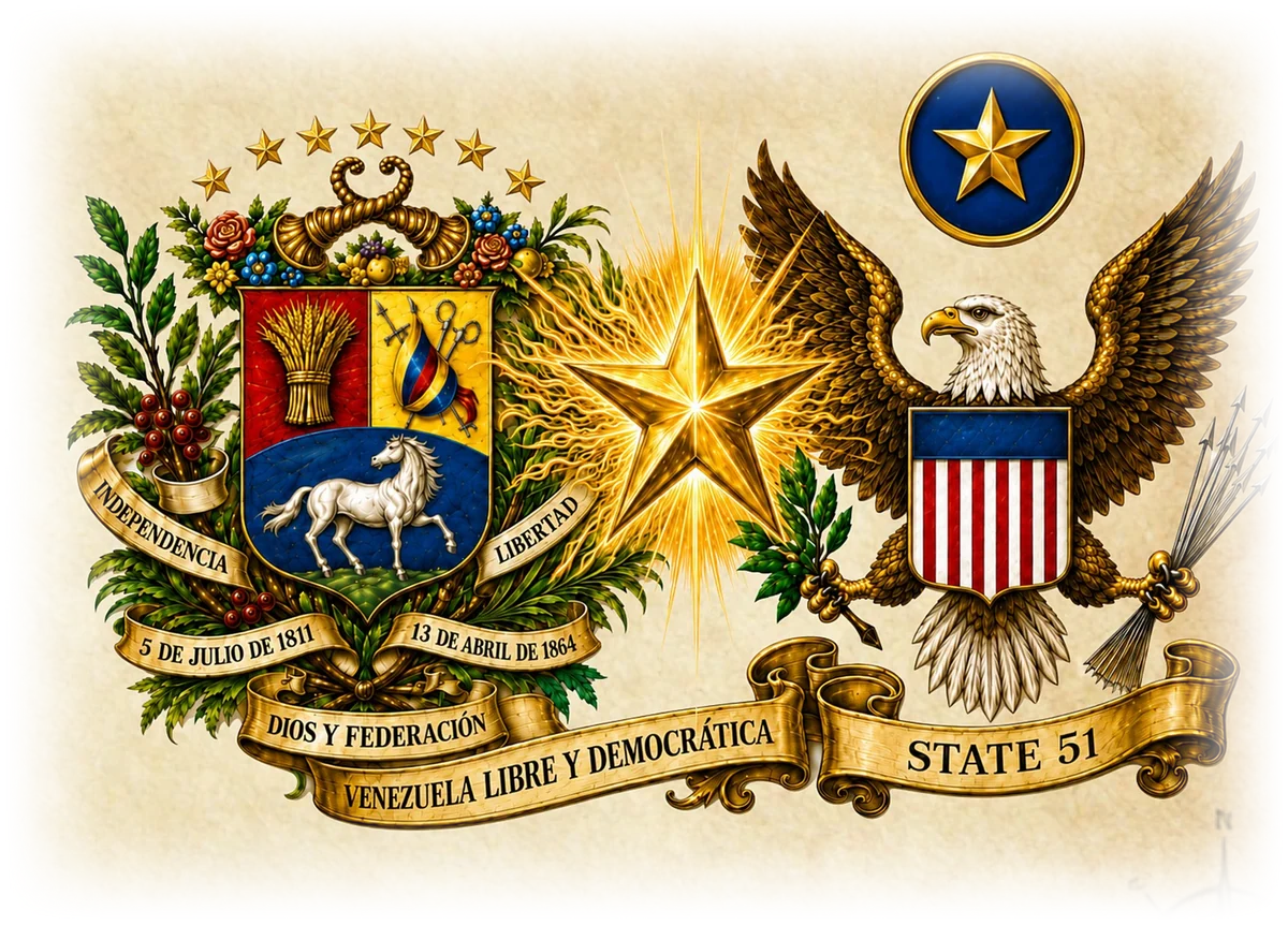 Emblem of The 51st State: the coat of arms of the United States of Venezuela and the American eagle, joined by a star